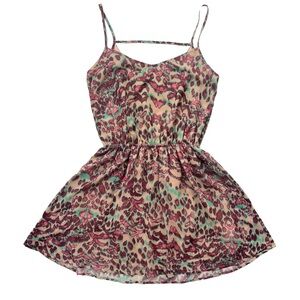 Miss Me Womens Size Medium Tan Teal Pink Animal Abstract Pattern Tank Mini Dress